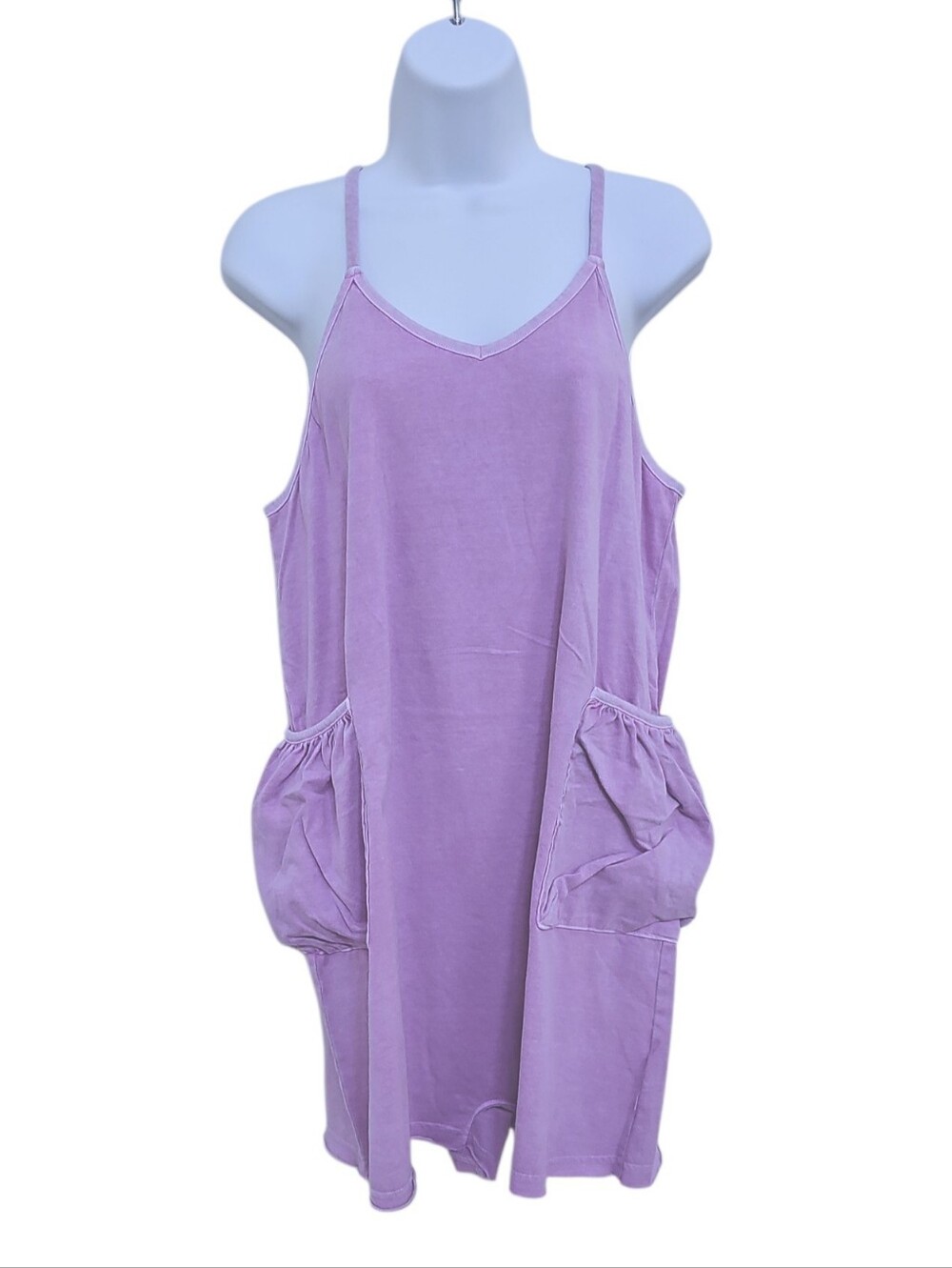 Zenana Purple Washed Tank Romper Dress Size L Cotton Pockets New